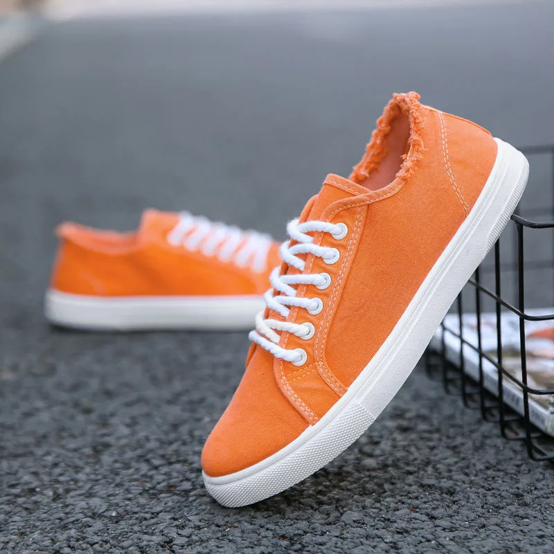 Klänningsskor Frayed Canvas Sneakers For Men Low Top Trainers Mens Orange Vulcanized Shoes Tenis Sneakers Anti-Edor Men's Plimsoll Loafers 230728