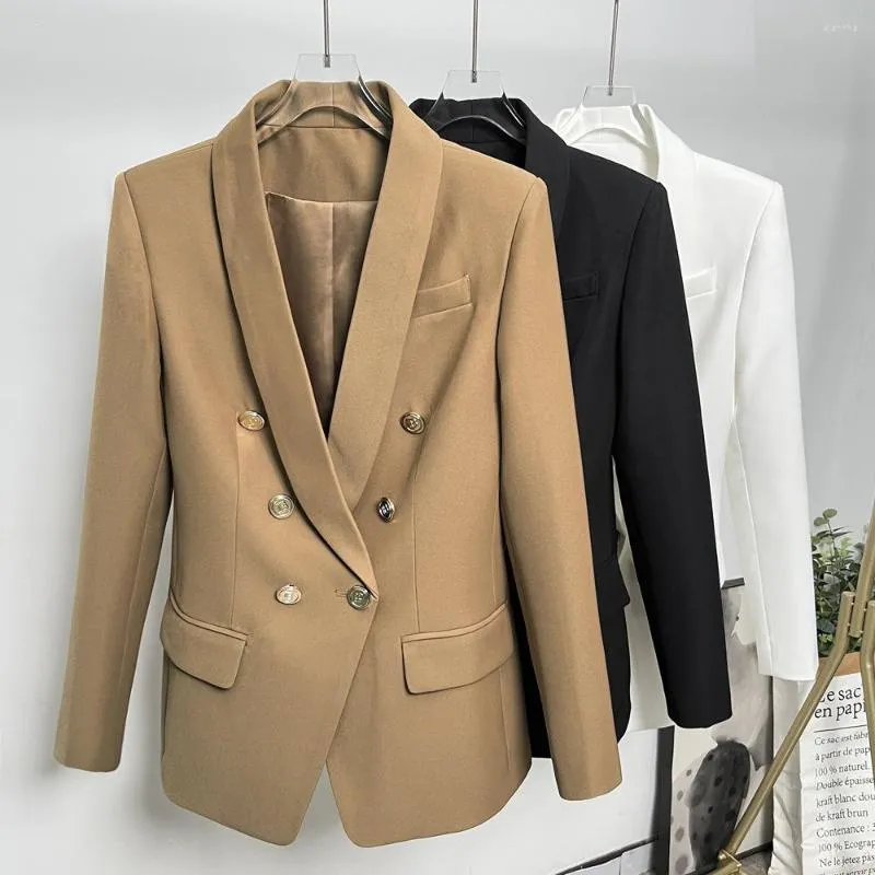 Ternos femininos Jaqueta cáqui de alta qualidade, blazer feminino, designer fino, com botões duplos, botão dourado, terno para escritório, formal