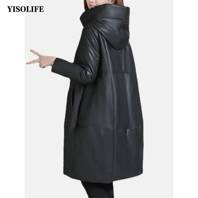 Jaquetas femininas YISOLIFE inverno jaqueta de couro sintético à prova d'água longo acolchoado com zíper bidirecional acolchoado casacos com capuz 230729