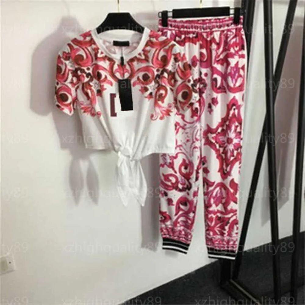 Mulheres duas peças calça tshirt define moda sweatpants vintage floral impressão gravata nó cintura manga curta camiseta cintura elástica calças casuais designer feminino ternos 55