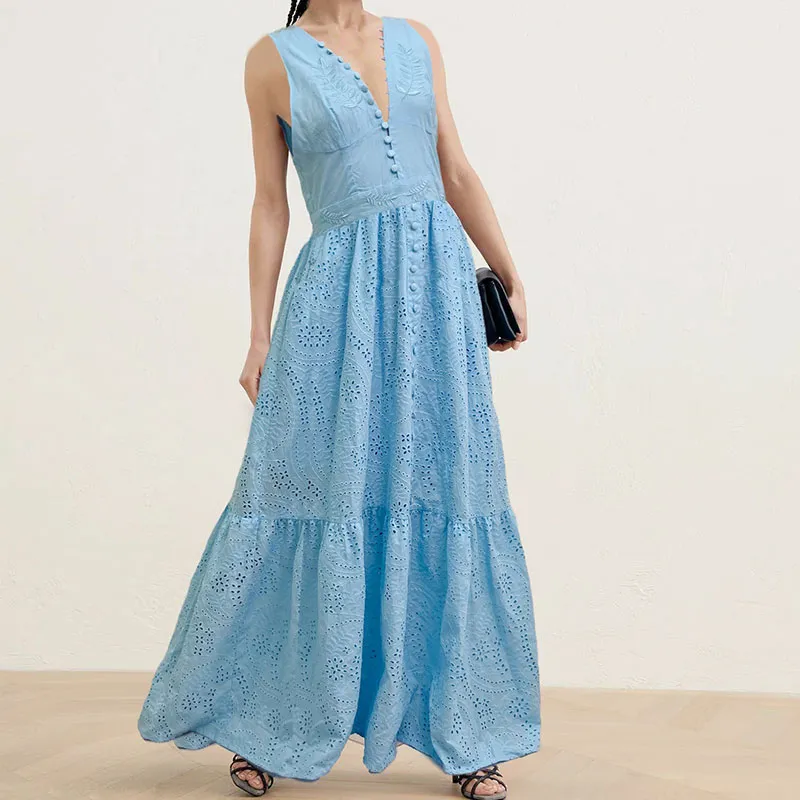 Designer jurk Franse niche dames designer kleding V-hals mouwloze slanke pasvorm lange rok met hoge taille borduurjurk lange rok 7