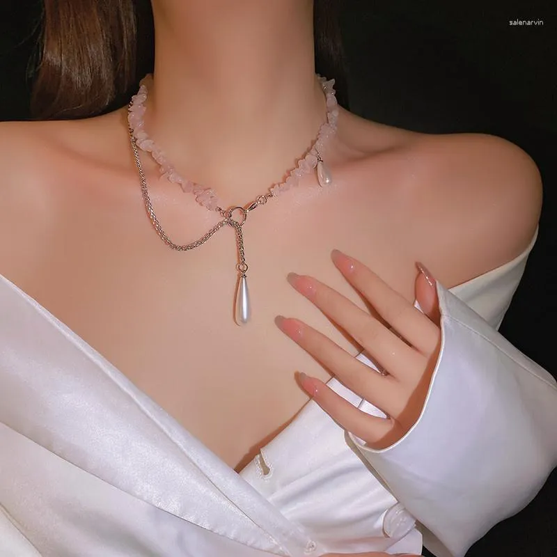Chains Pink Crystal Gravel Pearl Necklace Female Korean Temperament Clavicle Chain Accessories Fashion Student Girlfriends