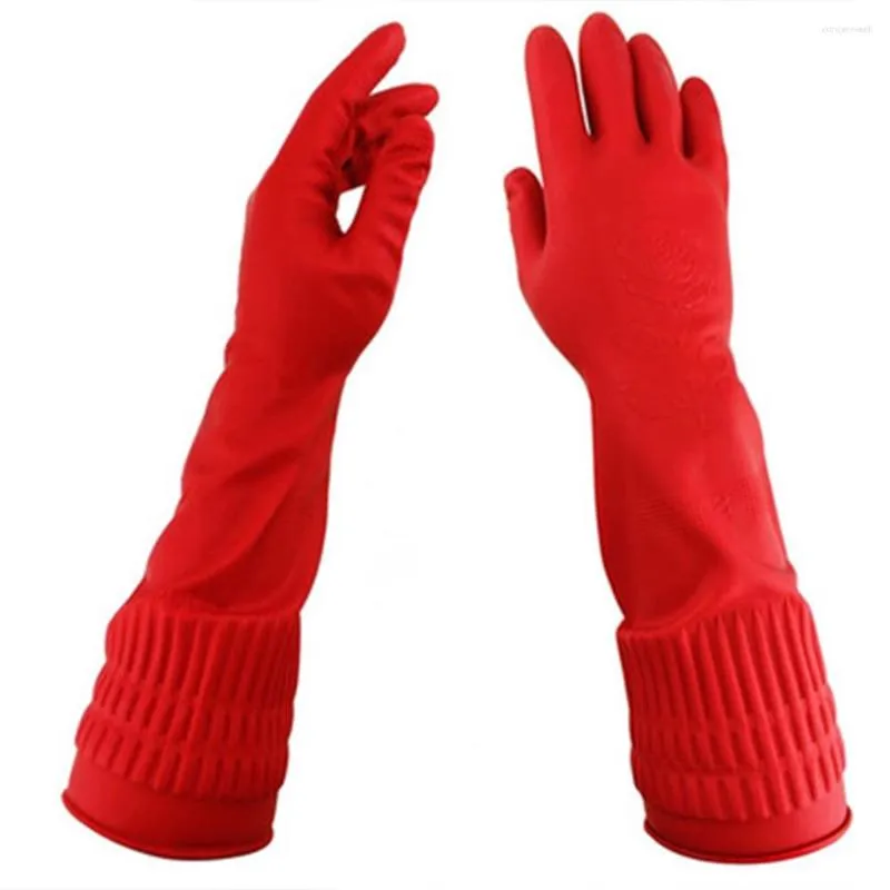 Guantes desechables Rosa roja Látex Coreano Extendido Engrosado Lavandería Lavavajillas 38CM Alargado Antideslizante