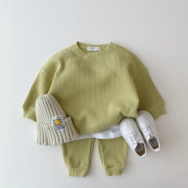 Clothing Sets Korean Baby Cotton Kintting Clothing Sets Kids Boys Girls Spring Autumn Loose Tracksuit Pullovers TopsPants 2PCS Sets Clothes 230728