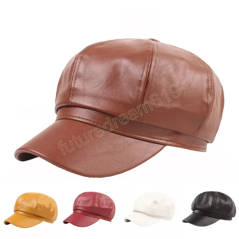 Automne Faux cuir octogonal chapeau pour femmes hiver chaud béret casquette décontracté dame unisexe peintre chapeaux blanc marron