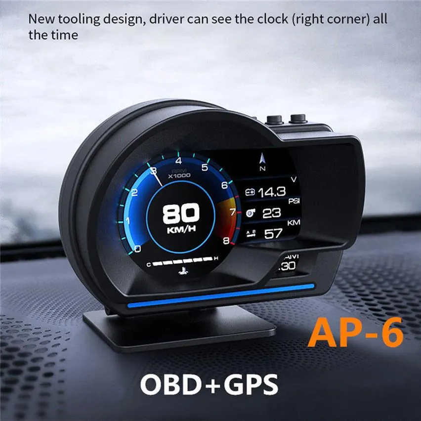 AP-6 HUD En Yeni Başlık Ekran Otomatik Ekran OBD2 GPS Akıllı Araba Hud Gauge Dijital Yoksama Güvenliği Alarm Alarm Wateroil Temp RPM265J