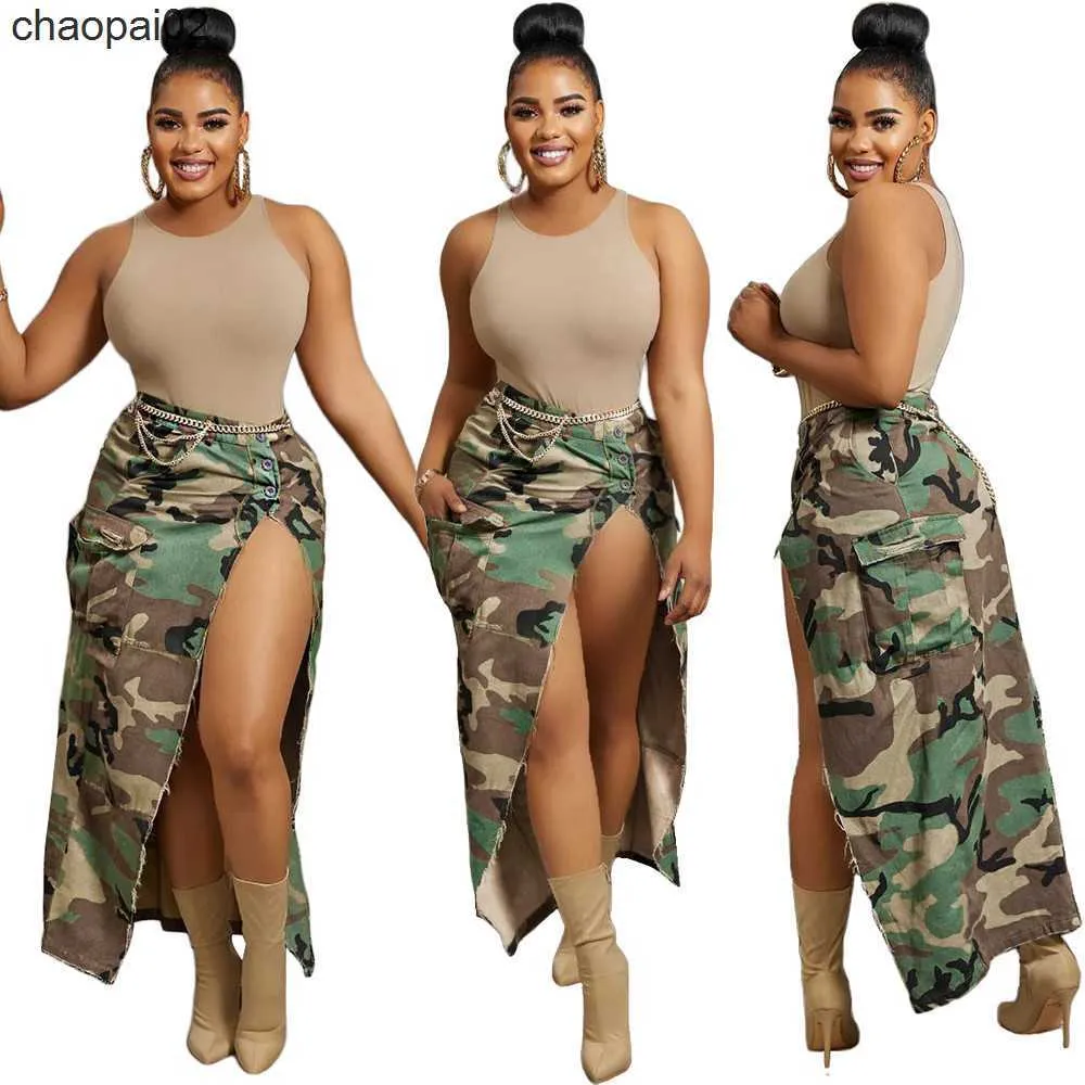 Designer CamoSkirt Frauen Kleider Frühling Sommer Neue Stil Split Hohe Taille Camouflage Röcke Weibliche Fracht Knöchellangen Rock Massenartikel Großhandel Kleidung 9607