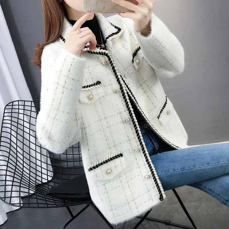Women's Jackets Korean Fashion Imitated wool Jacket Women Chic Plaid singlebreasted Coat Female Autumn Clasic Black White Outwear Office Lady 230728