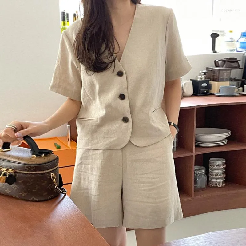 Survêtements pour femmes Iyundo Korea Chic Summer 2 pièces Set Elegant V-Neck Single à manches courtes à col à manches courtes et en coton