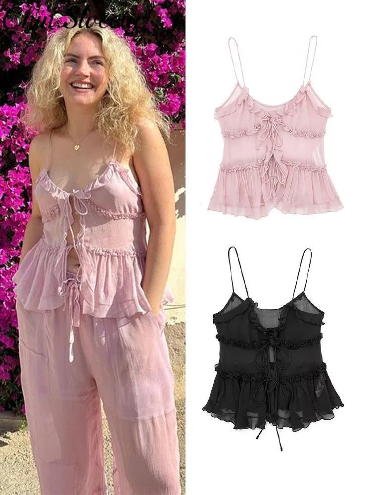 Canottiere da donna Camis Beach Ruffle Solid Cami Sexy See Through senza maniche Blackless Empire Female Crop Top Summer Lace Up Fashion Lady Clothes 230728