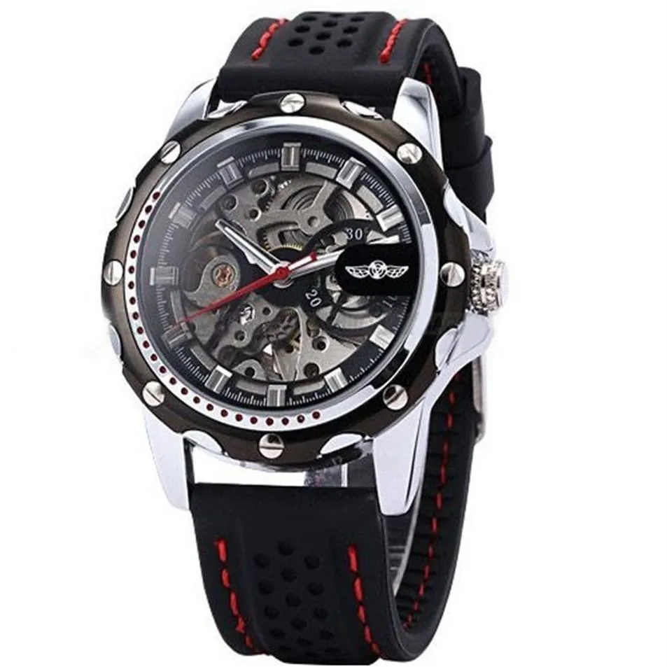 2022 Nouveau Vainqueur Noir Bande De Caoutchouc Automatique Mécanique Squelette Montre Pour Hommes Mode Gear Montre-Bracelet Reloj Army Hombre Horloge314n