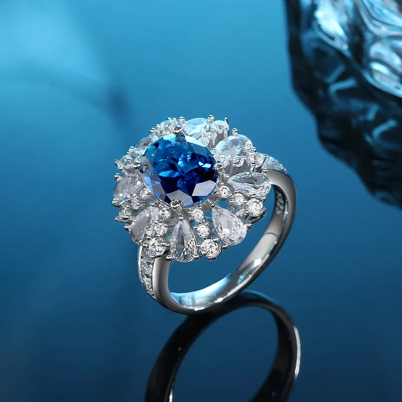 Imitação de zircão anel feminino requintado anel de safira alto carbono pedra luz luxo s925 prata alta qualidade presente jóias casamento