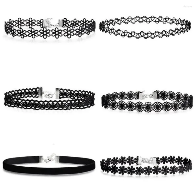 Choker 6 Teil/satz Gothic Punk Boho Tattoo Schwarz Samt Hohle Blume Spitze Kette Kragen Anhänger Halskette Frauen Mädchen Schmuck Collier