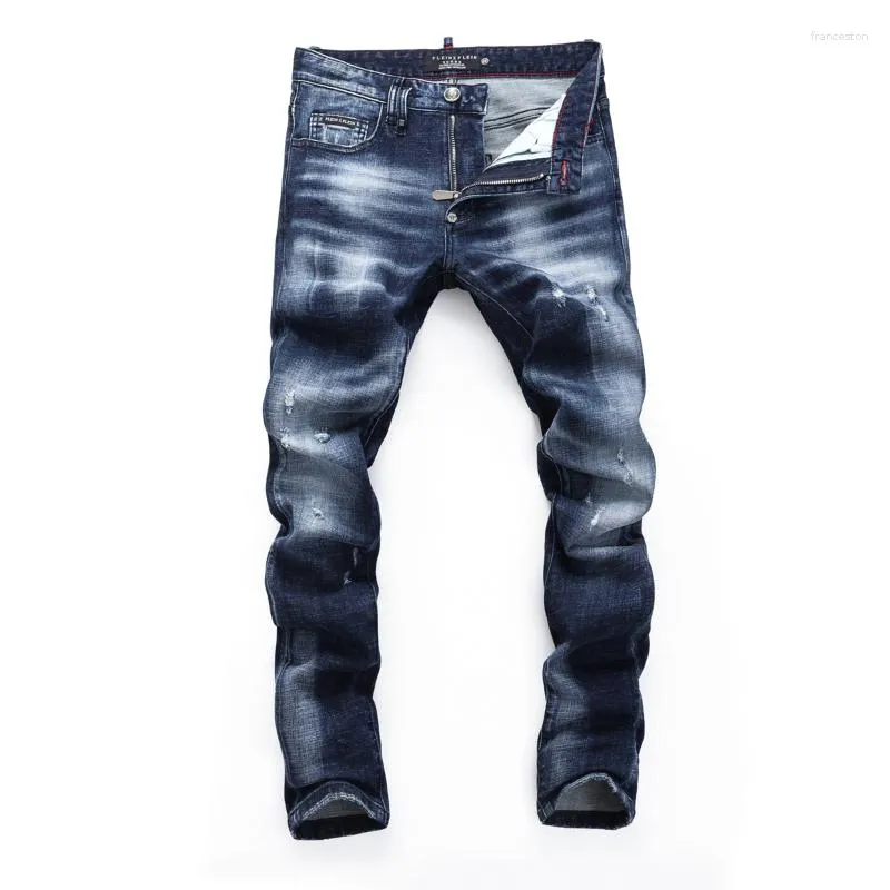Hommes Jeans Design Mari Stretch Skulls Marque Bleu Hommes Slim Denim Pantalon Pantalon Zipper Arrive
