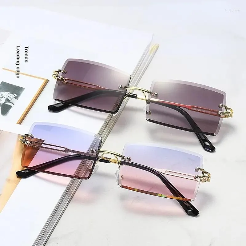 Solglasögon Rimless Women Vintage Rectangle Gradient Sun Glasses Brand Designer Female Cutting Lens Retro Square Eyewear UV400