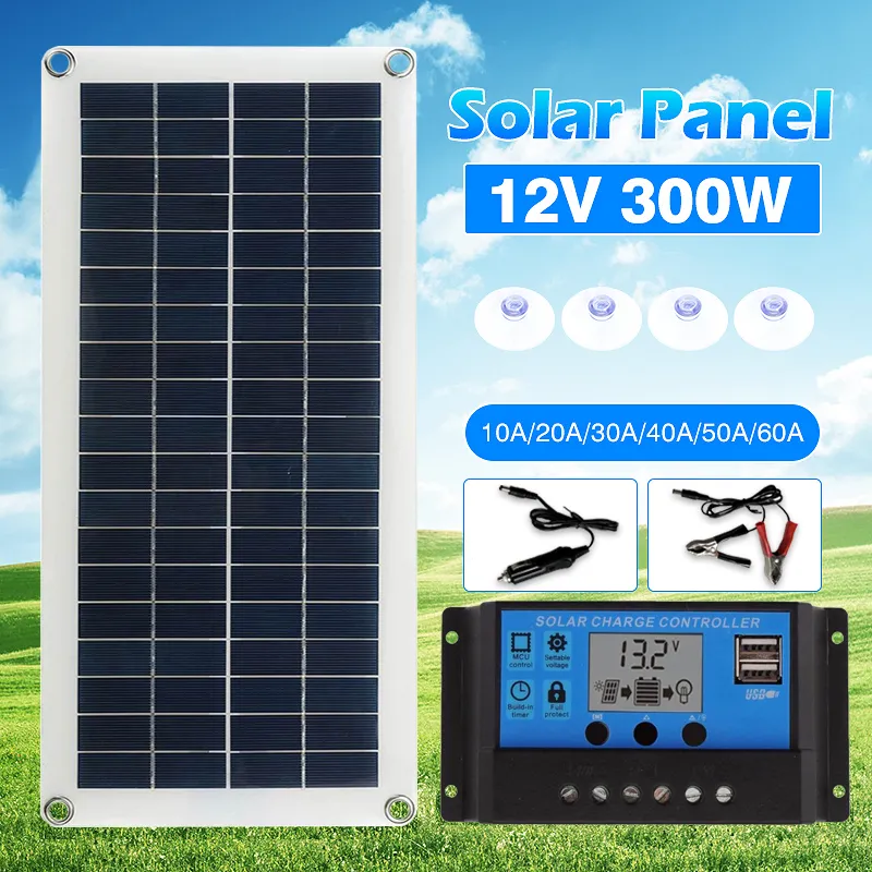 Flexible 300W Solar Panel Charger With Dual USB Ports, 10A/60A Backbone