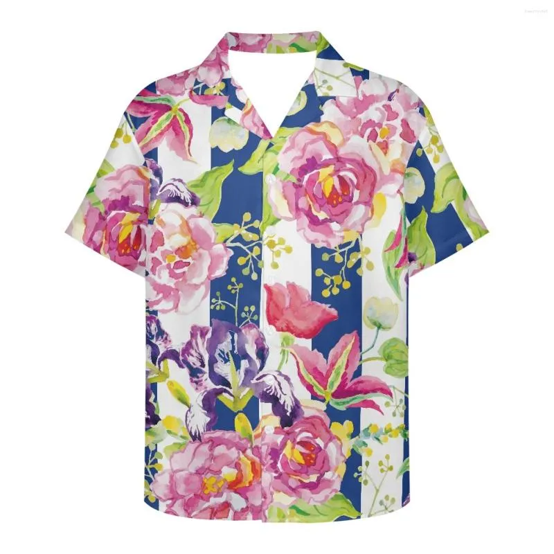 Men's Casual Shirts Rose Stripe Pattern Fashion Mens Hawaiian Shirt Male Colorful Printed Beach Aloha Short Sleeve Camisa Hawaiana