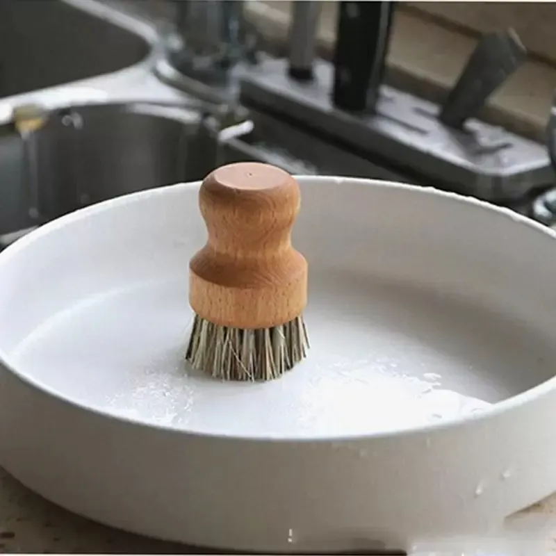 Palm Pot Wash Brush Wooden Round Mini Dish Brush Natural Scrub Brush Durable Scrubber Short Handle Cleaning Dishes Kitchen Kit FY5090 LL