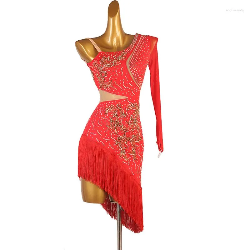 Stage Wear Latin Dance Performance Costume Set For Women Cusomzied Competition Single Sleeves Dress Female Rumba Chacha Outfit