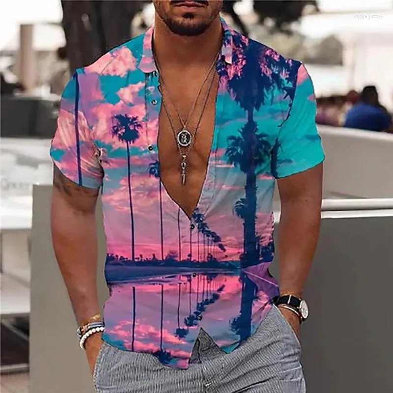 Camisas casuais masculinas 2023 europa e estados unidos verão 3d camisa comércio exterior havaí praia lapela manga curta planta estampada