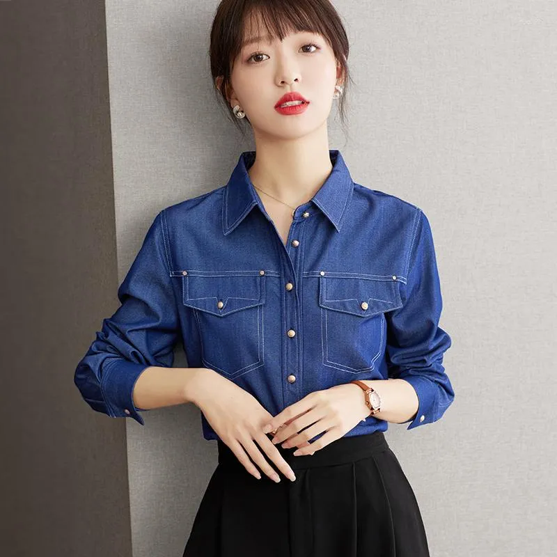 Blusas de mujer Moda Camisa de mezclilla azul coreana Mujeres Tops de manga larga delgados sueltos