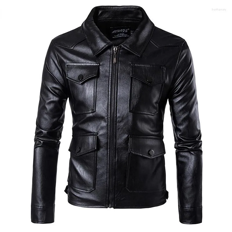 Jaquetas masculinas masculinas jaqueta de couro PU macio bolsos preto plus size motocicleta roupas masculinas de marca