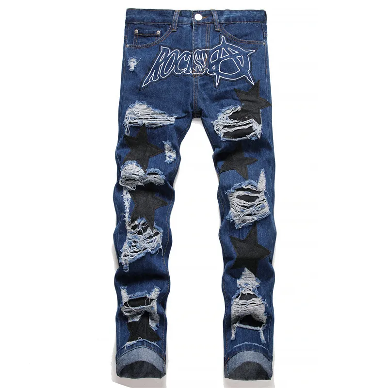 Heren Jeans Punk Style Blue Ripped Jeans Brief Borduurwerk MidWaisted Straight Leg Bedelaar Broek Hip Hop Mode Applique Kleding 230729