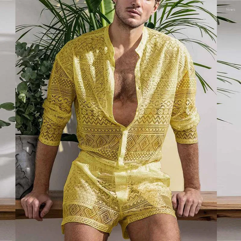 Mens Lace See Through Tracksuit Set Two Piece Top And Mens Linen Shorts  With Hollow Out Design For Weddings And Summer Nights From Hiverc, $26.04