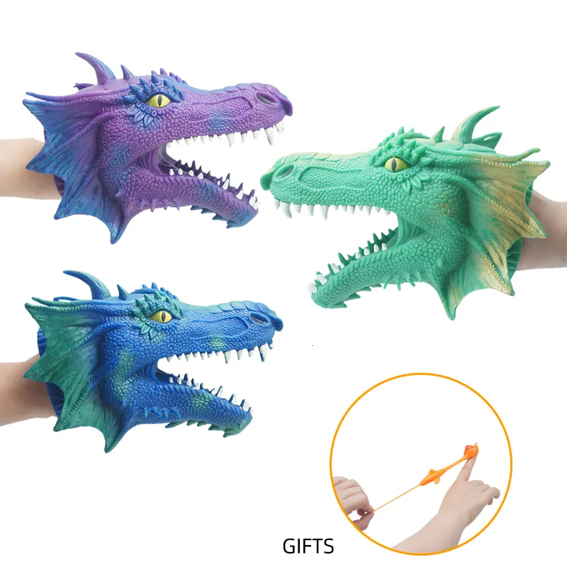 Dockor realistiska dinosauriehuvud roll bad gåva gummi spinosaurus hand docka leksaker för pojkar flickor småbarn vuxna 230729