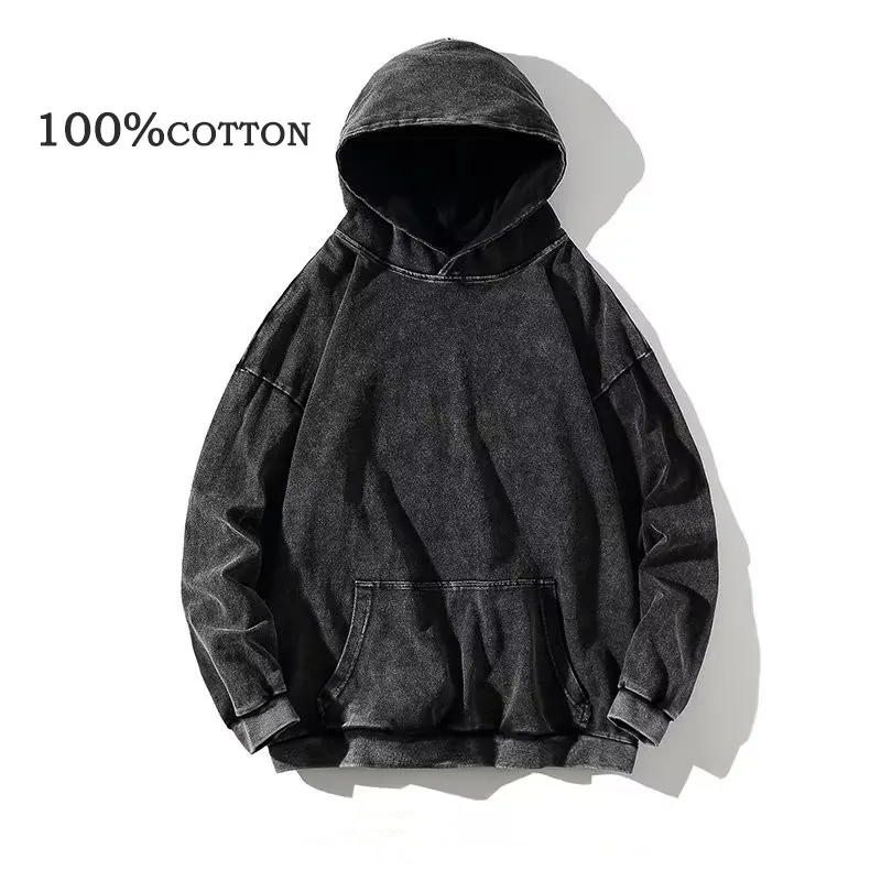 Mens Hoodies Sweatshirts 100% Cotton Mens Clothing Vintage Black Acid Wash Hoodies Män kvinnor överdimensionerade Hip Hop Sweatshirts Casual Pullover Y2K kläder 230729