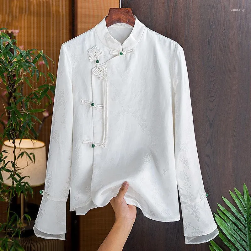 Женские блузки шелковые рубашки Лето 2023 САТИН СИТИЧЕСКИЙ Китайский стиль свободные длинные рукава