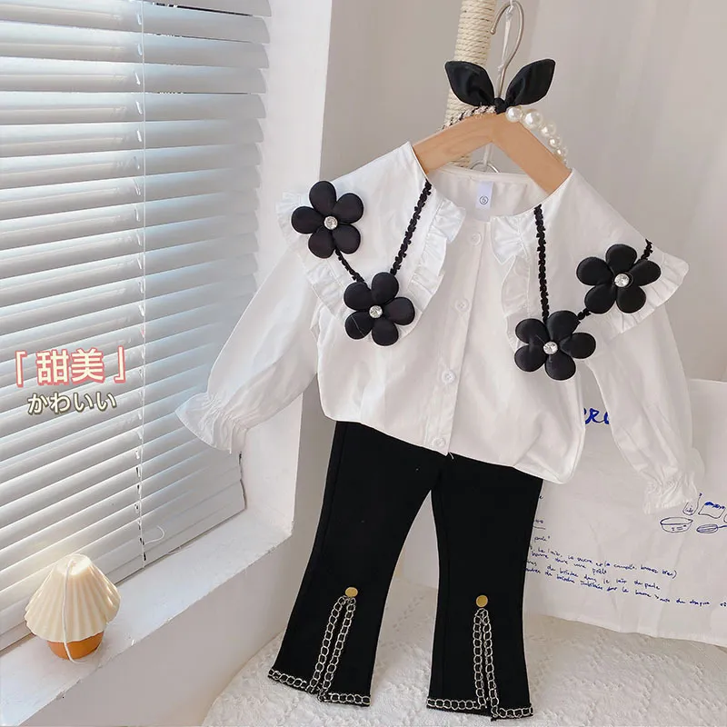 Conjuntos de roupas meninas outono primavera manga comprida camisa floral top calças largas crianças roupas boutique 2 pçs 3 4 5 6 7 anos 230728