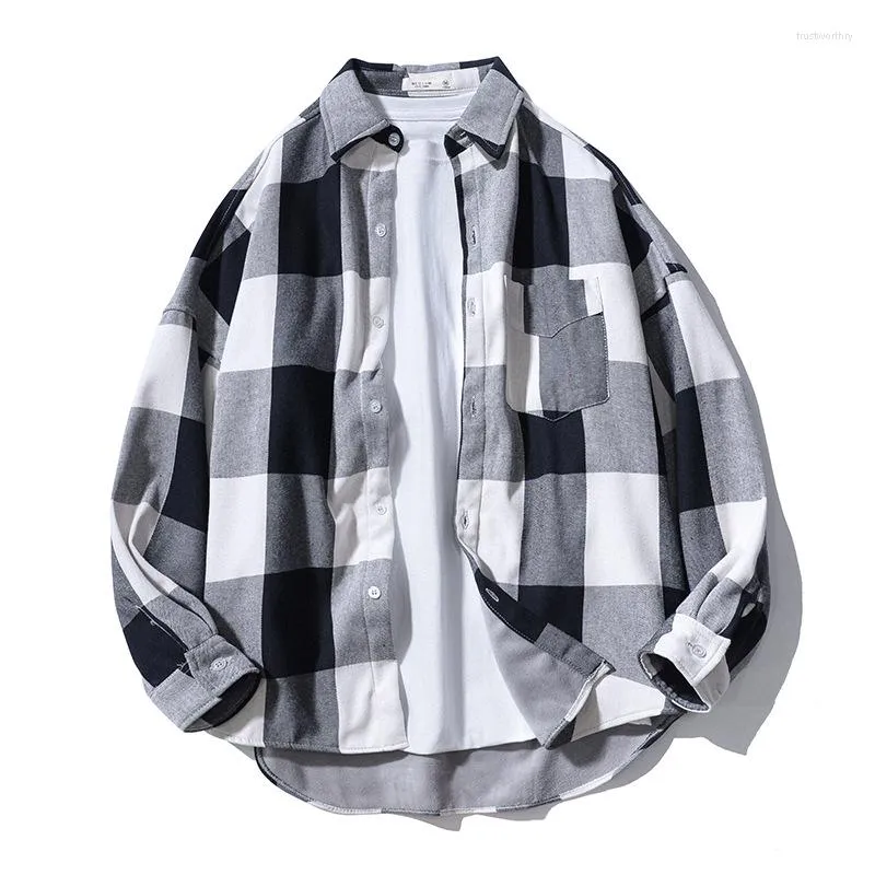 Mannen Casual Shirts Fleece Plaid Shirt Wollen Voering Warm Vest Lange Mouw Vintage Zwart Wit Oversized Harajuku Mannelijke Kleding Herfst