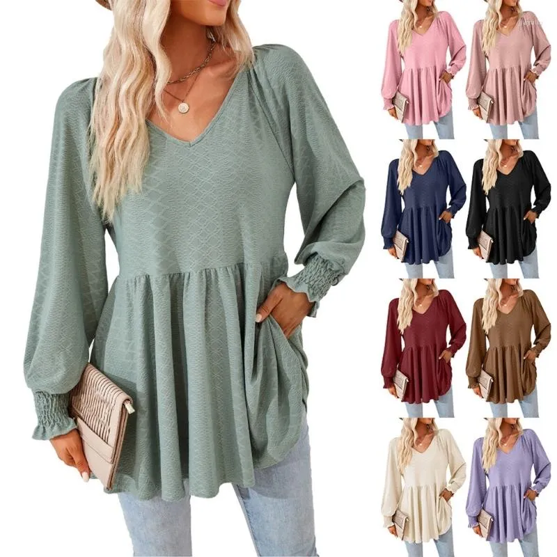 Casual Dresses Womens Summer Tops Puff Long Sleeve Bluses Fashionable Ladies V Neck Loose Shirts Solid Color Tees