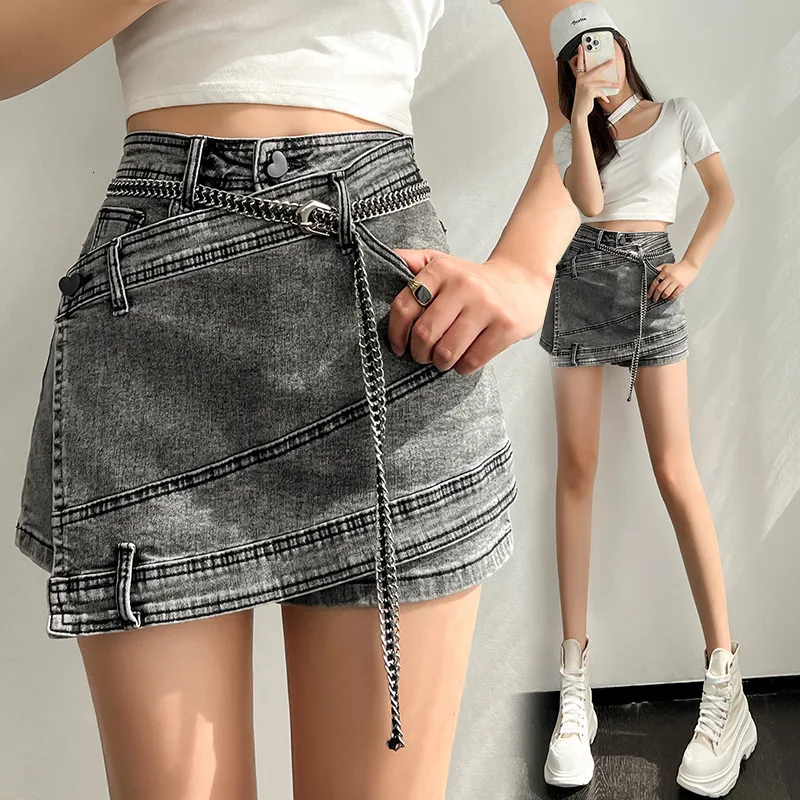 Skirts Smoky ash irregular patchwork denim short skirt women's high waist appears thin anti-light and versatile elastic skirt pants 230728