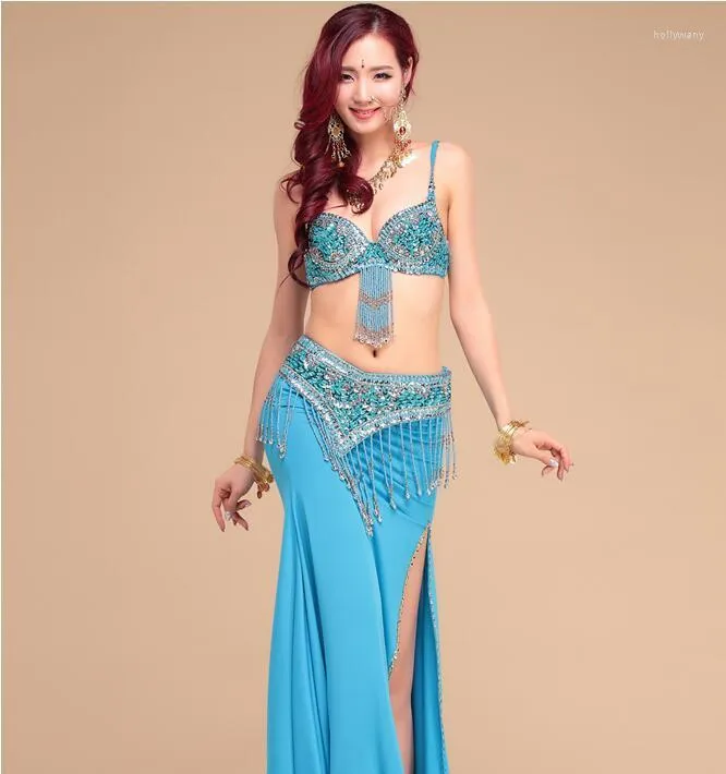 Wholesale New Sequins Beaded Belly Dance Costume Bra+Belt Set Women Sexy  Stage Performance Clothing Outfit Competition Dancewear