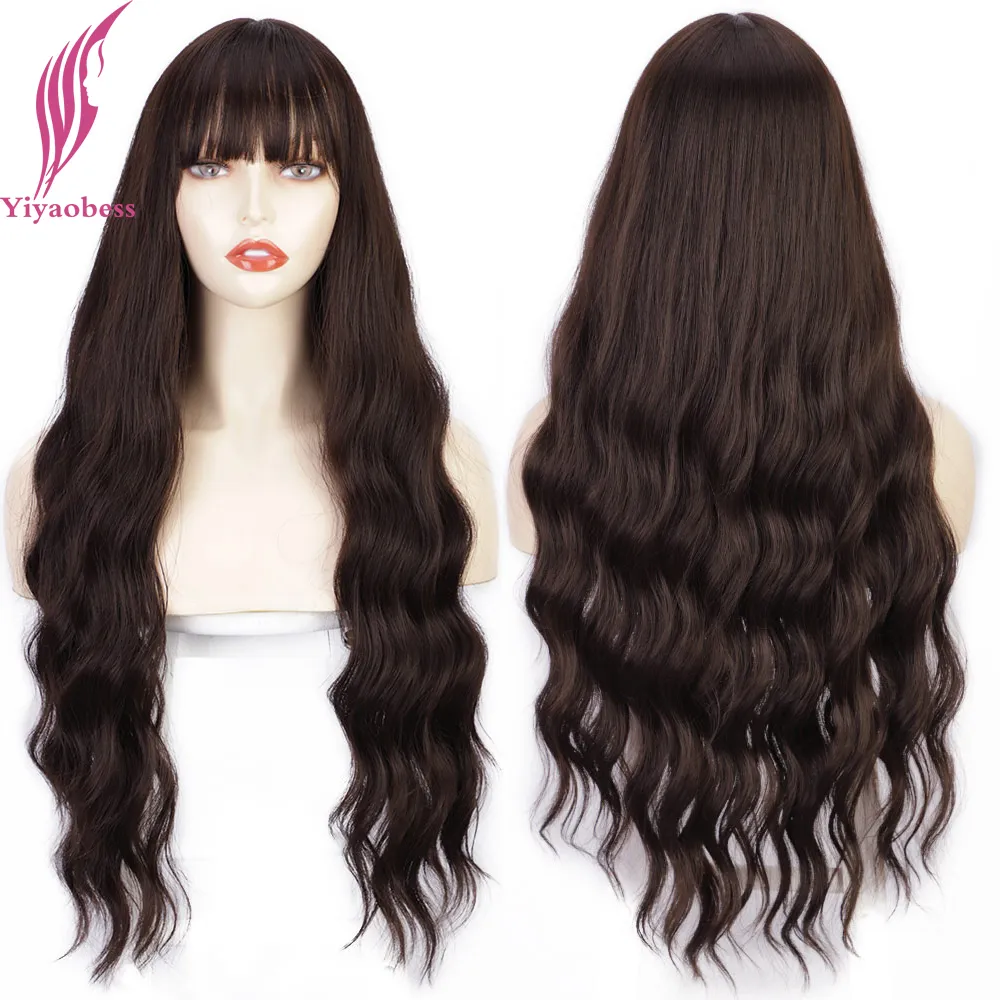 Cosplay s Yiyaobess 28inch Zwart Donkerbruin Lang Met Pony Golvend Haar Synthetische Dame Natuurlijke Middelste Deel Voor Vrouwen Perruque Femme 230728