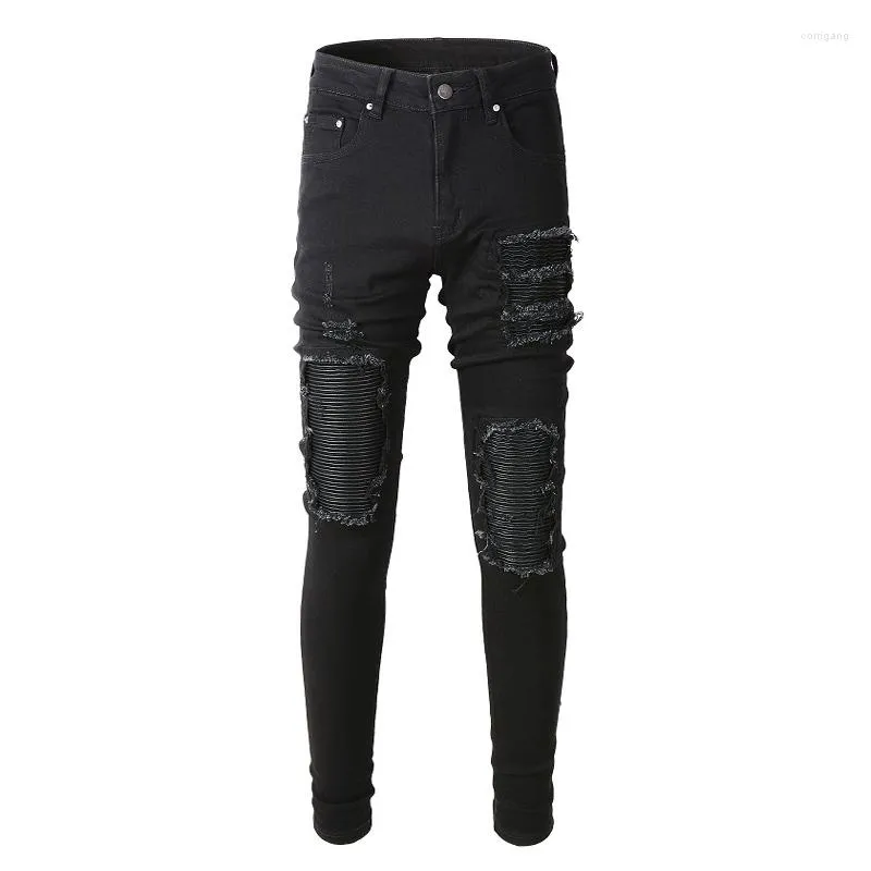 Jeans da uomo Street Fashion Uomo Nero Slim Fit Stretch Pantaloni punk strappati Toppa in pelle Designer Hip Hop Pantaloni di marca Hombre