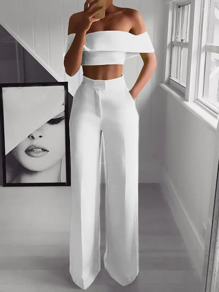 Women's Two Piece Pants Leg Pant Suit 2023 Drop/shipTwo Set Neon Women Fashion Green White Black Cold Shoulder Ruffle Shirt Button Zipper