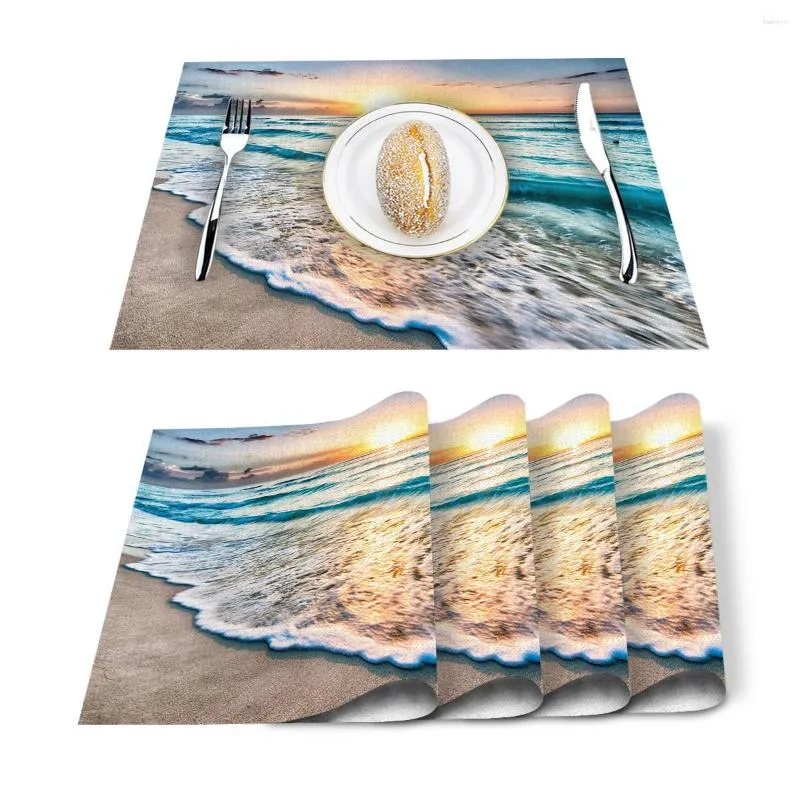 Corredor de mesa 4/6 pçs conjunto de tapetes azul mar ondas pôr do sol sol impresso guardanapo acessórios de cozinha festa em casa jogos americanos decorativos