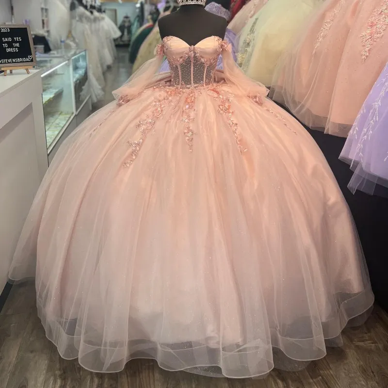Rosa Brilhante Vestido Princesa Quinceanera Fora do Ombro Apliques Miçangas Cristal Aniversário Baile Doce 16 Vestido Vestidos De 15 Anos