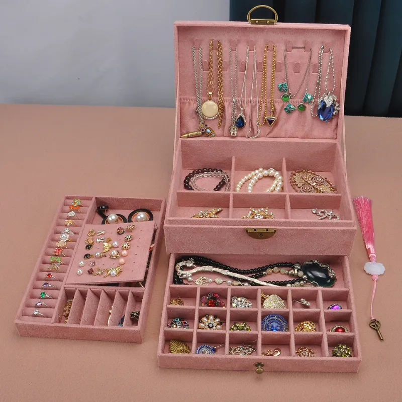 Smyckestativ 3-lagar smycken arrangörslåda stor kapacitet smyckeslåda med låshalsband örhängen ringer hållare lagring fall 230728