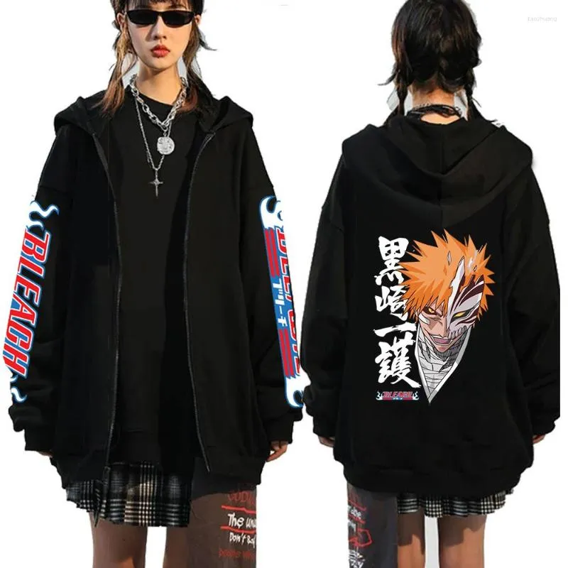 Moletons Masculinos Anime Bleach Moletons Kurosaki Ichigo Zip Up Harajuku Moletons Góticos Oversized Hip Hop Pulôver Streetwear Masculino Feminino