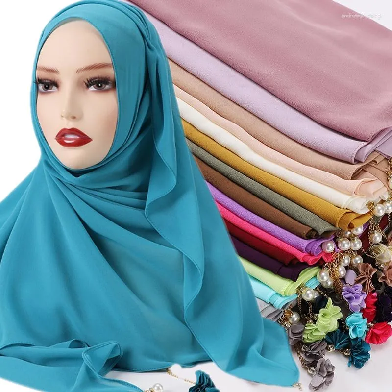 Foulards couleur unie femmes en mousseline de soie Hijab écharpe Wrap avec pendentif fleur châles islamiques bandeau musulman Hijabs foulard