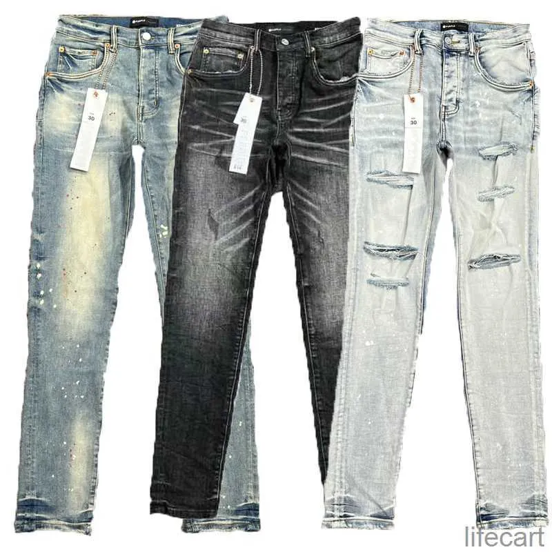 Jeans Roxo Marca Calças Masculinas Pantalones Rasgados Retos Regulares Denim Lágrimas Lavadas Velho Orifício Longo Ntku