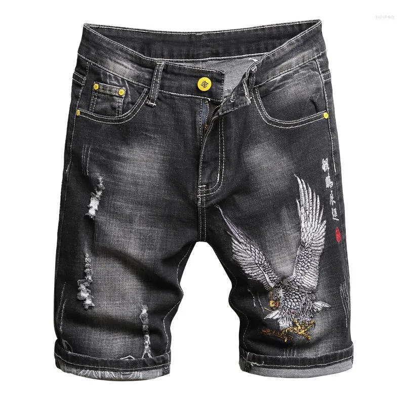 Mäns shorts sommarfasion denim sorterar cinese stil broderi klassisk svart stretc slim casual sort jeans trend streetwear man