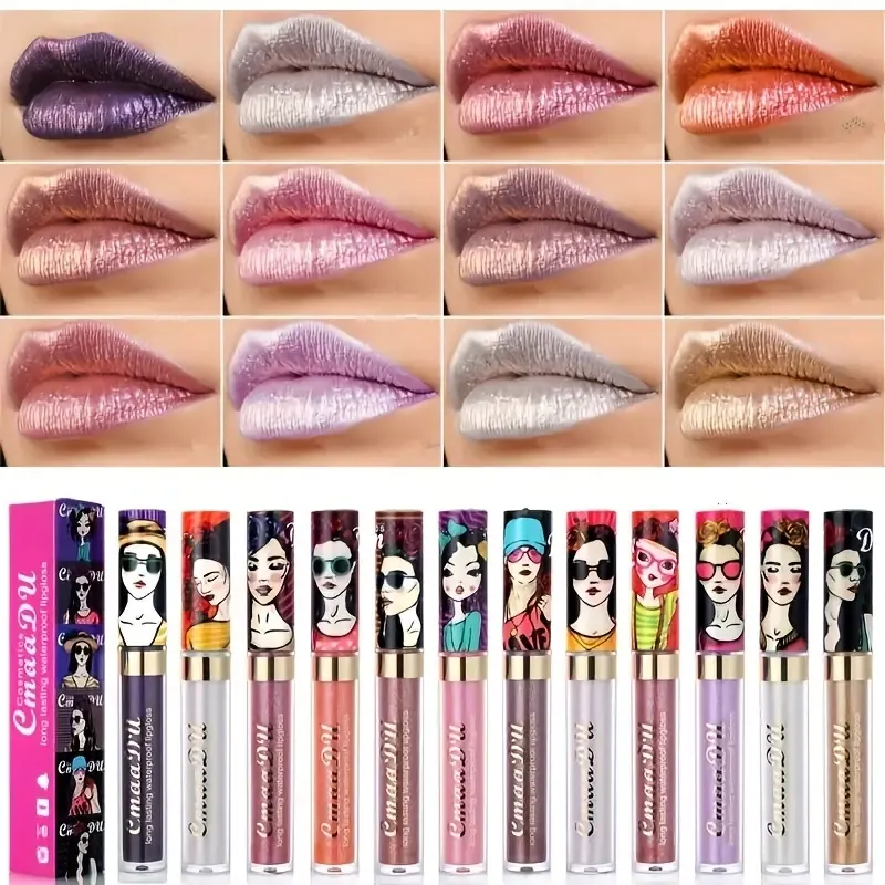 بواسطة DHL Lady 11 Color Lip Gloss Set: Shimmer Metallic ، Glitter Lipgloss إنهاء طويل الأمد وصمة عار على الماء