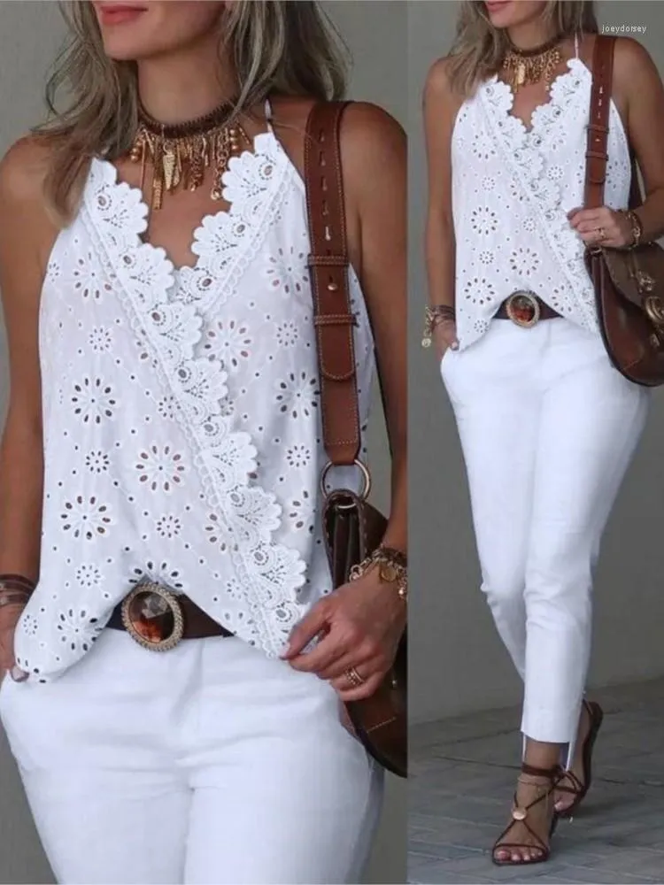 Women's Tanks White Top Women 2023 Summer Fashion Eyelet Embroidery Lace Patch Halter Tops Casual V-Neck Sleeveless Daily Wrap Tank