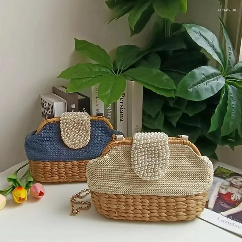 Borse da sera Summer Beach Bali Borsa di paglia Moda Perle Rattan Vimini intrecciato Conchiglia Catena Spalla Crossbody Pochette da festa 2023 Donna