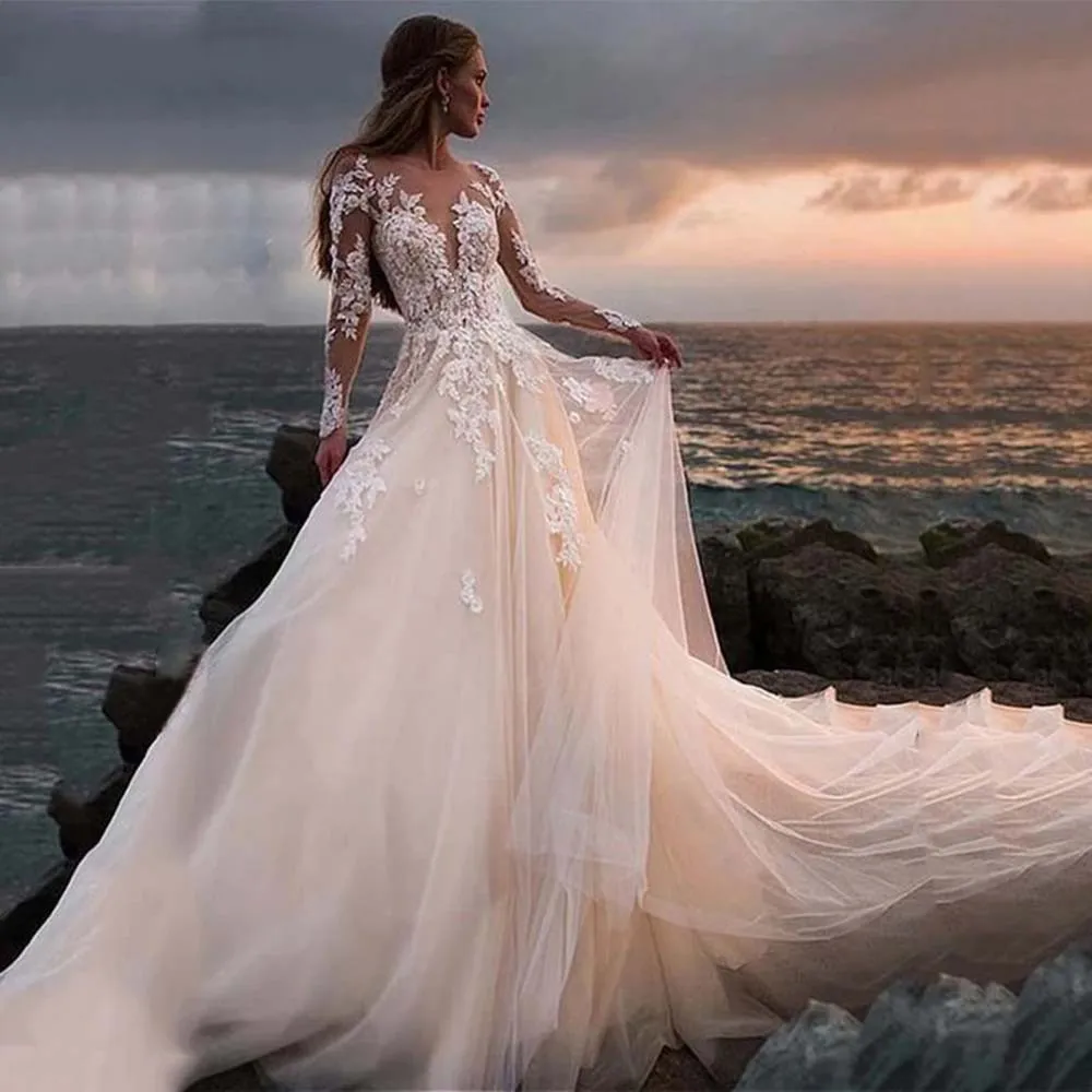 Spitze Appliziertes Brautkleid Für Frauen Illusion Lange Ärmel Strandhochzeitskleid 2023 Licht Champagner Robe De Mariee Braut Kleider